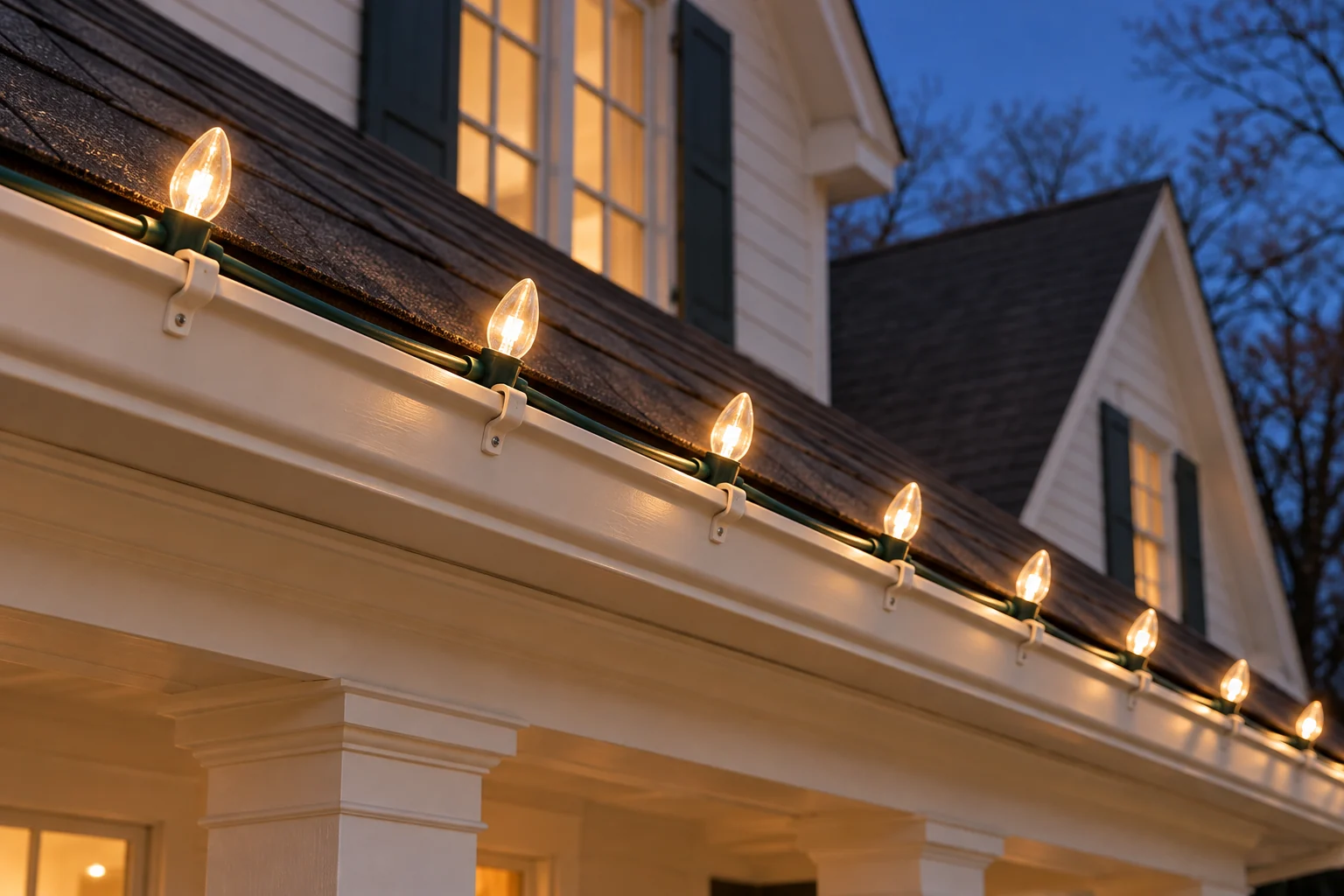 Warm white C9-style bulbs along a cream roof edge at dusk.