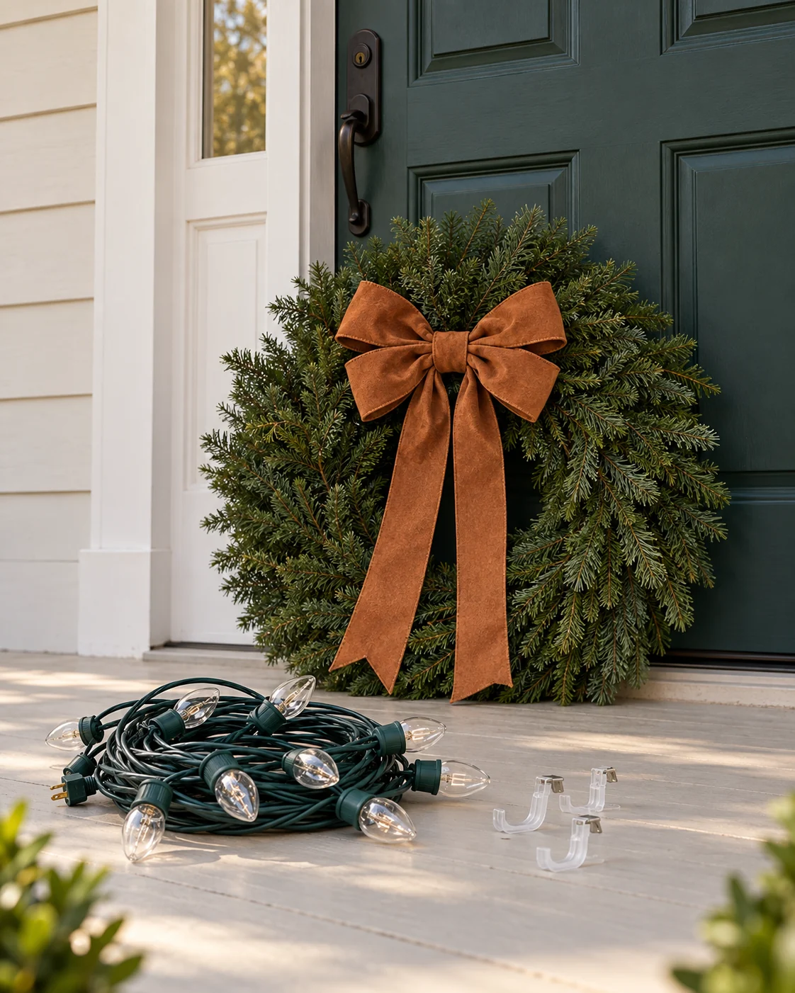 Evergreen wreath with a copper-colored bow and unlit bulbs on coiled green wire.