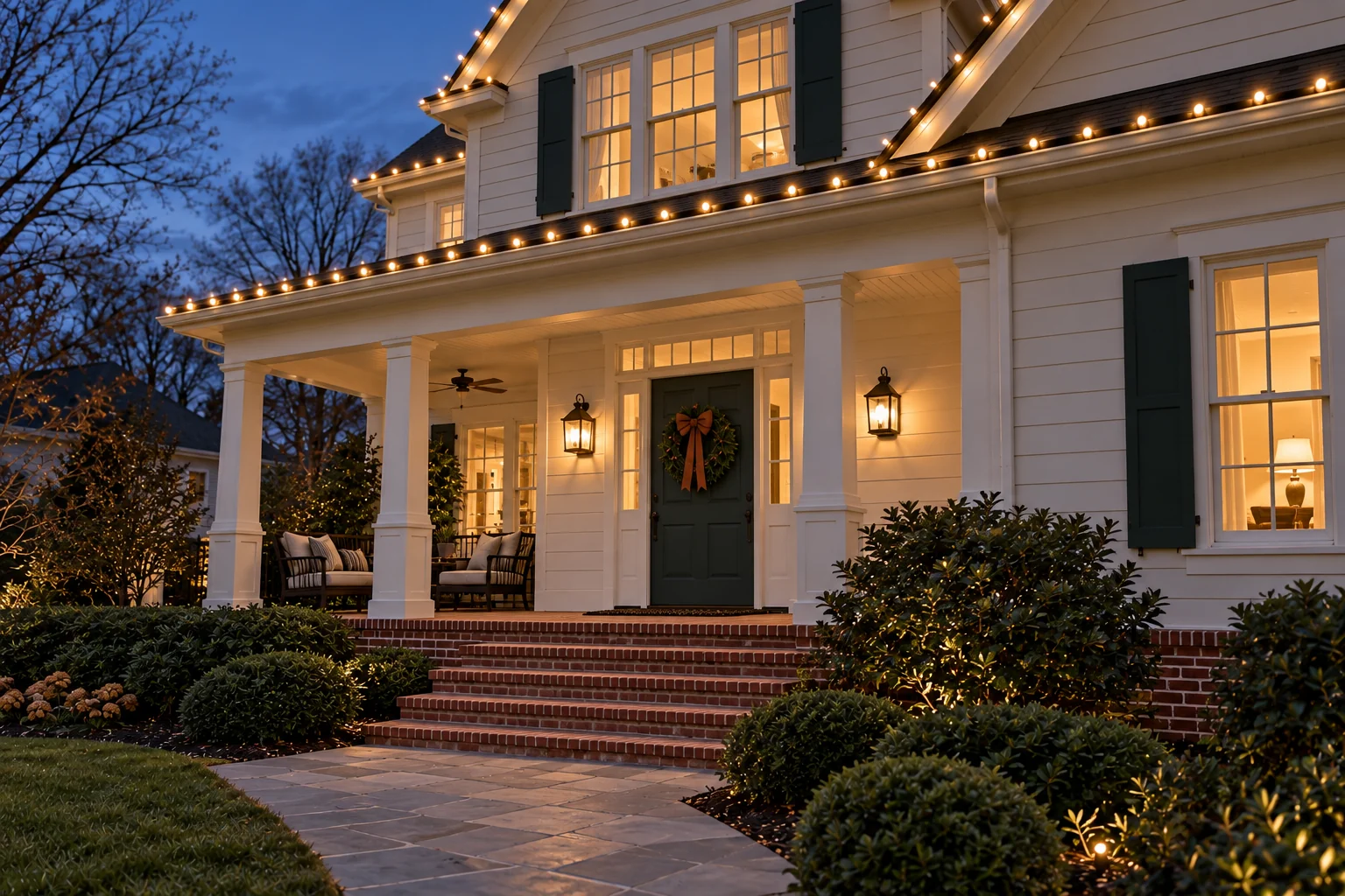 Christmas with warm white lights and evergreen materials at a cream house.