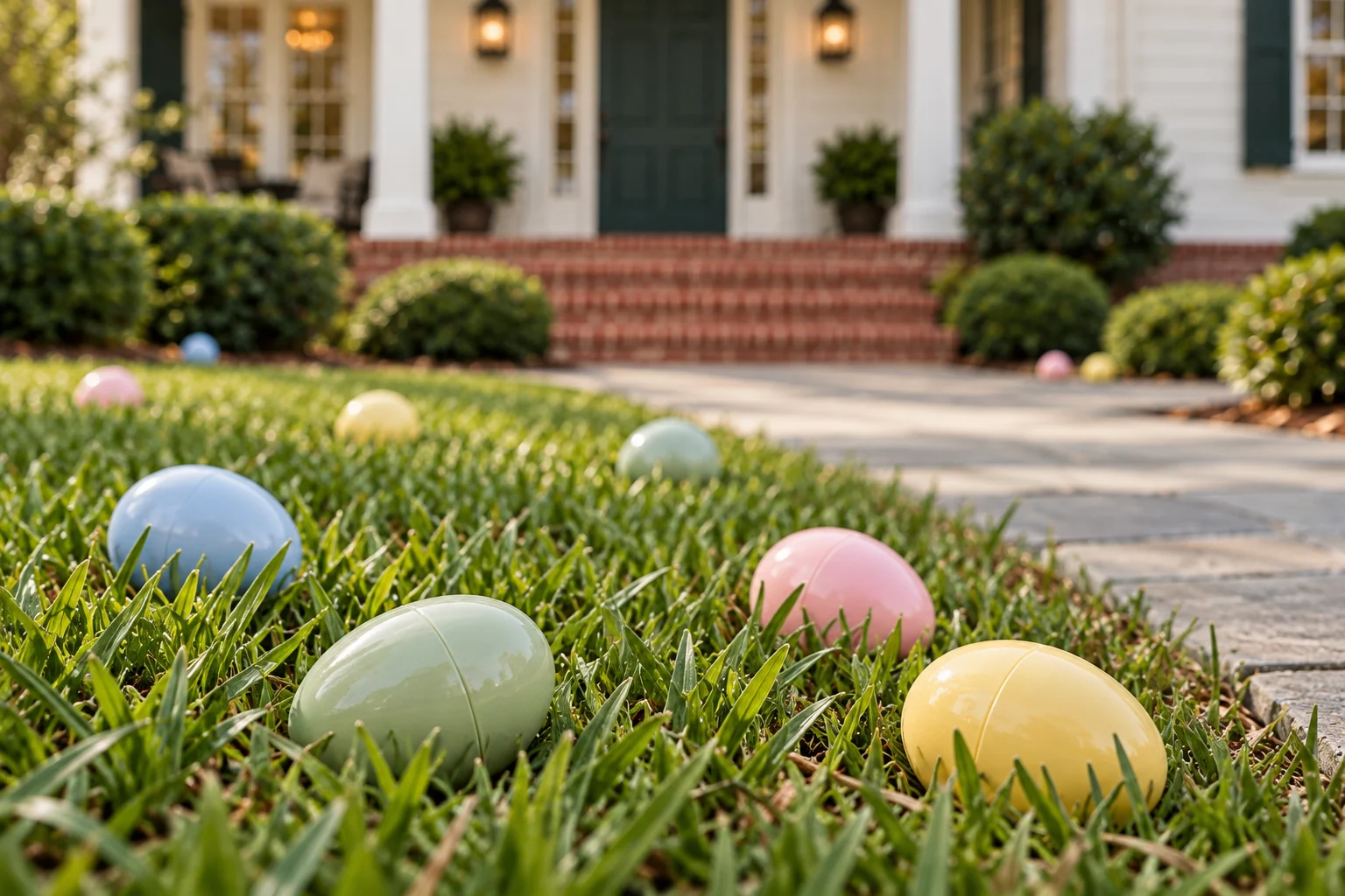 Close view of pastel plastic hunt eggs in spring grass.