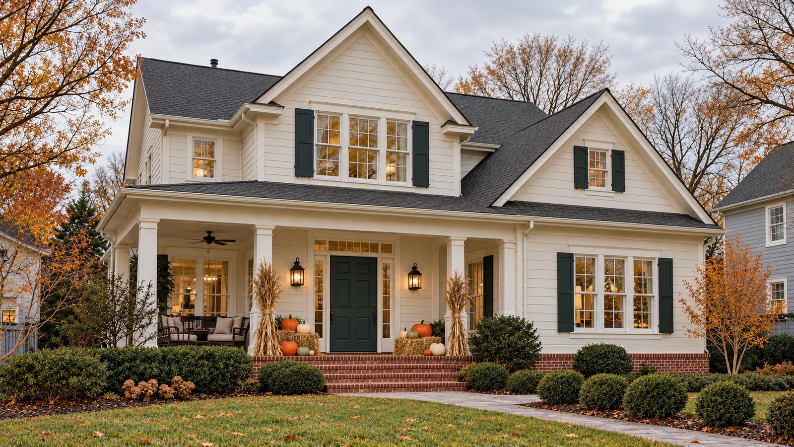 Fall display with pumpkins at a home entrance.