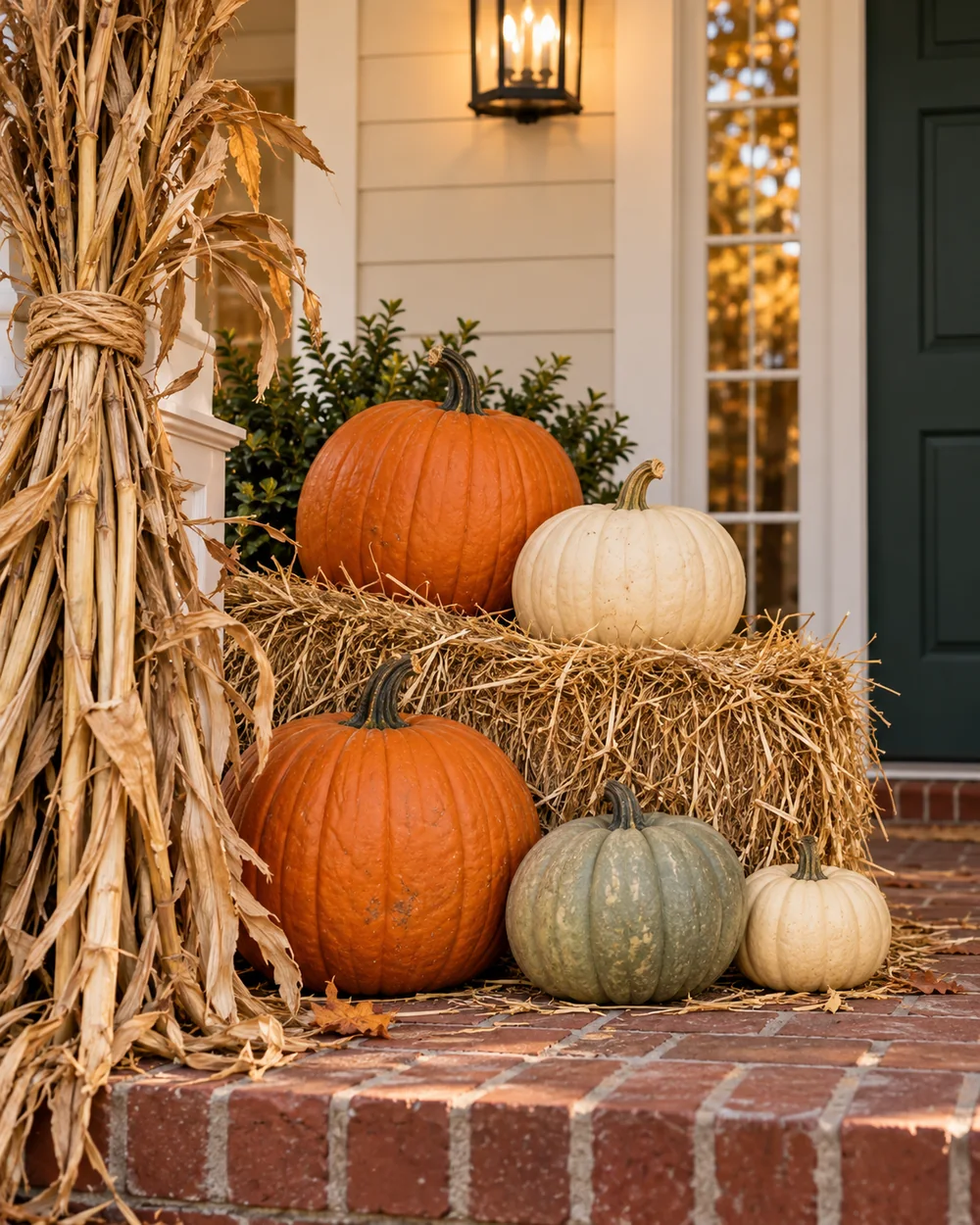Close-up of pumpkins, straw and cornstalks beside cream siding.