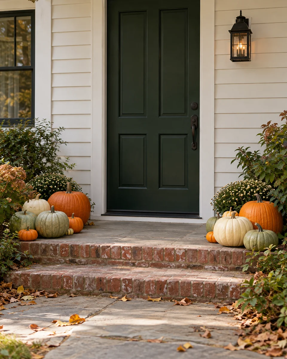 Modest Fall doorstep with mixed pumpkins beside two brick steps.