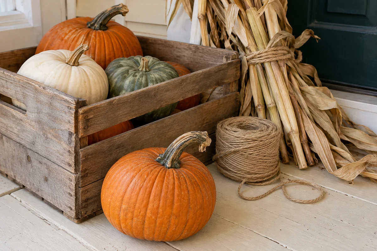 Pumpkins in a wooden crate with twine and dried cornstalks on a porch.