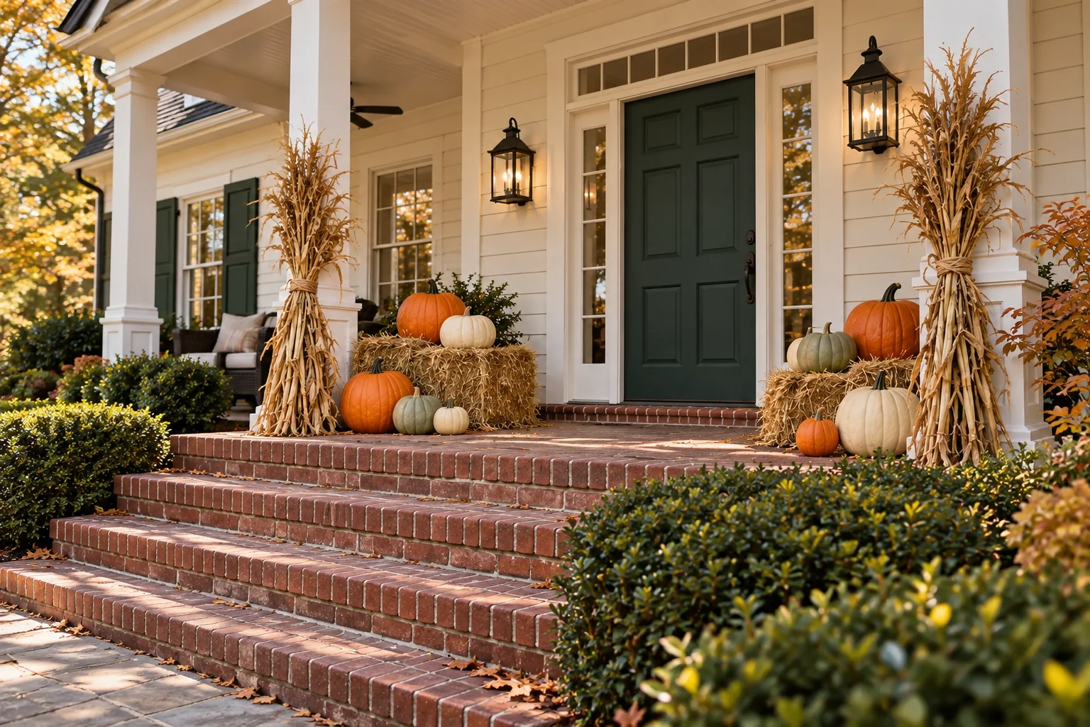 Fall with pumpkins, straw and cornstalks beside a green front door.