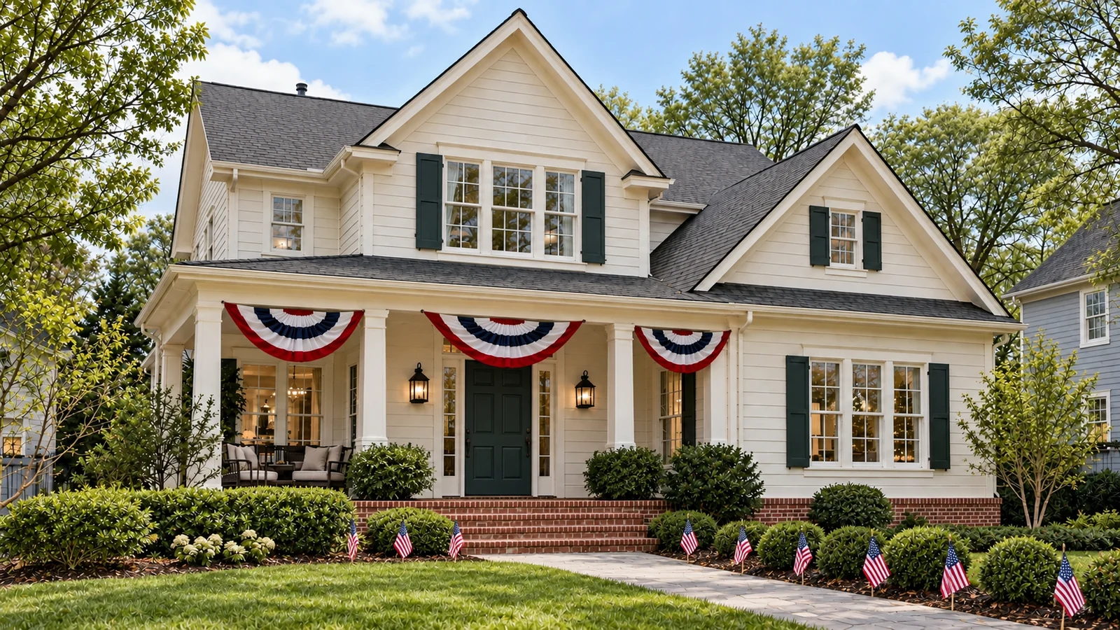 Fourth of July exterior with patriotic decorations.