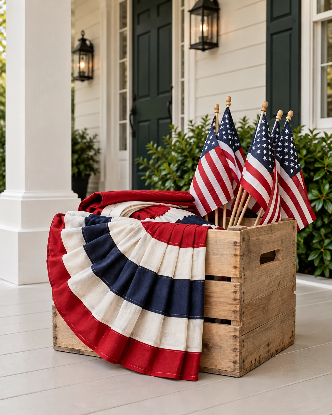 Fourth of July materials with red, white and navy bunting and small flags at a cream porch.