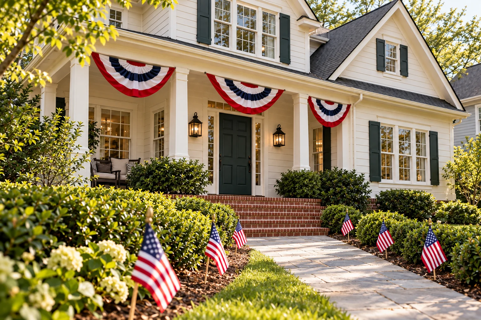 Fourth of July with red, white and navy bunting and small flags at a cream porch.