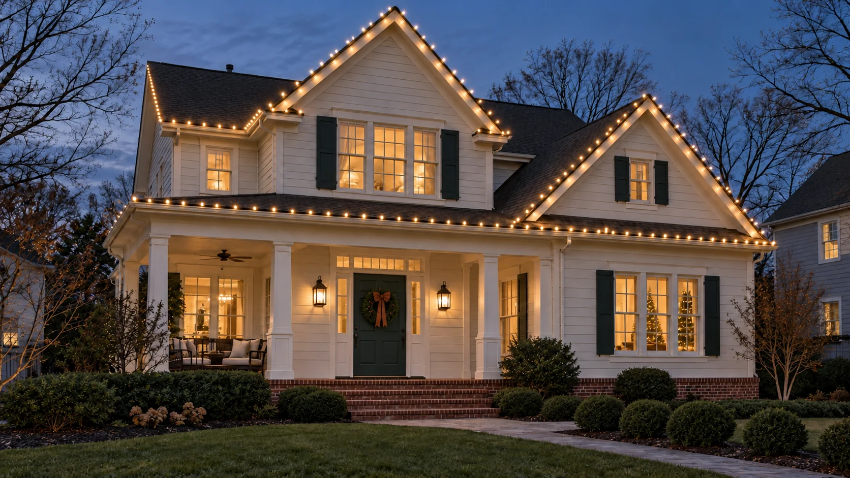 Christmas exterior with warm-white lighting.
