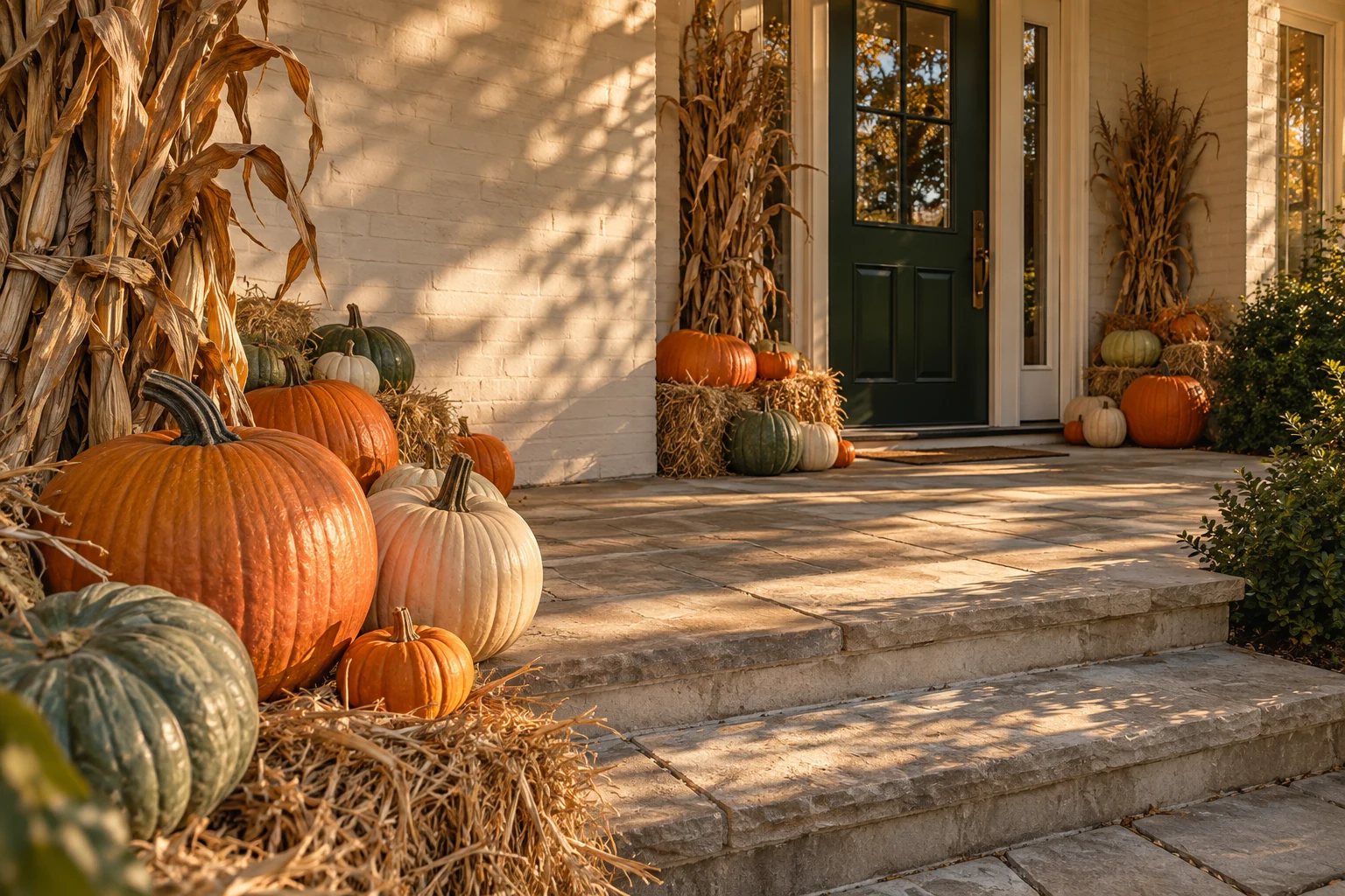 A close view of an autumn porch, with pumpkins and straw beside the clear stone steps to a green front door.
