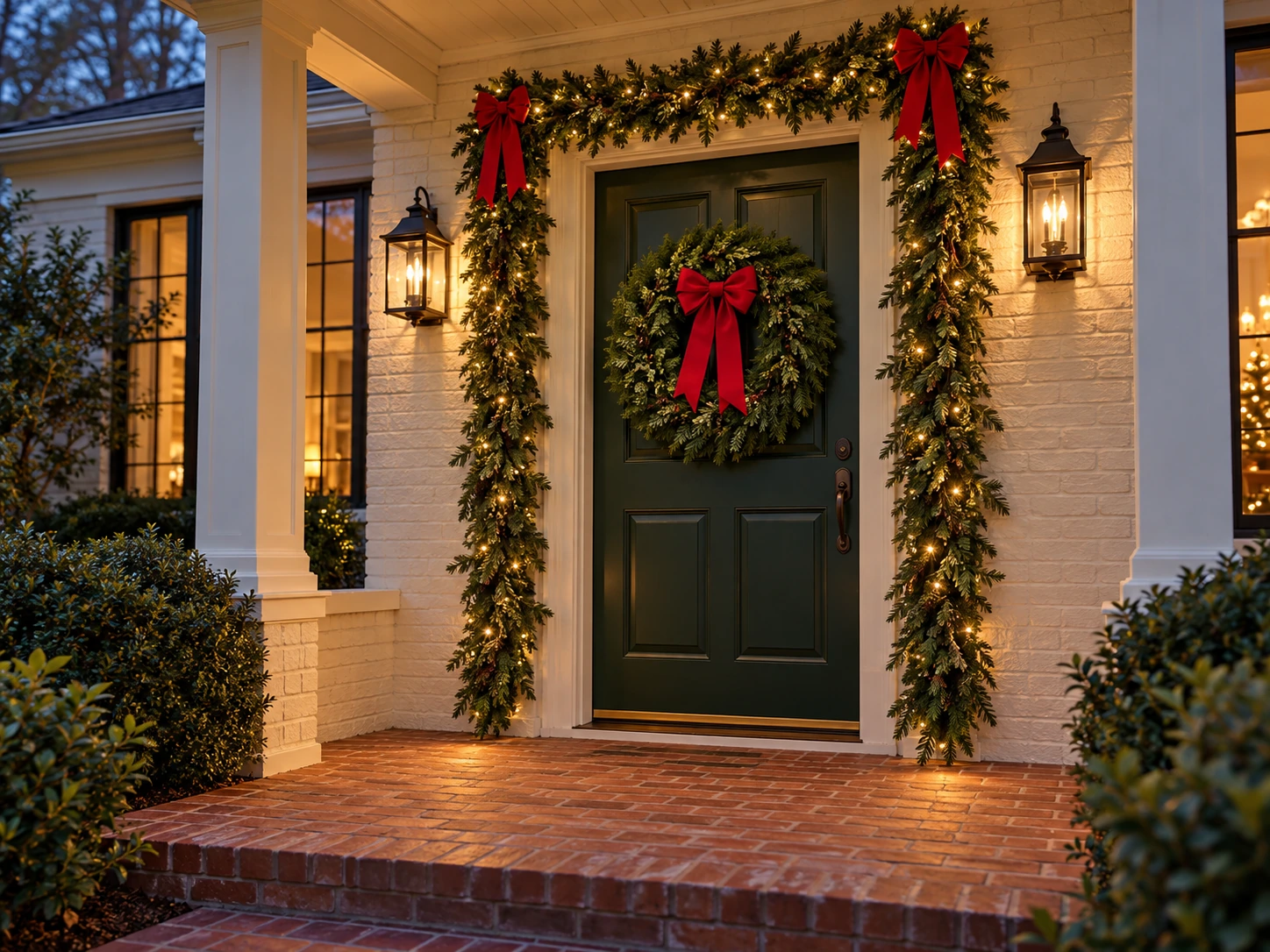 Christmas porch with illuminated evergreen garland, a wreath and red bows.