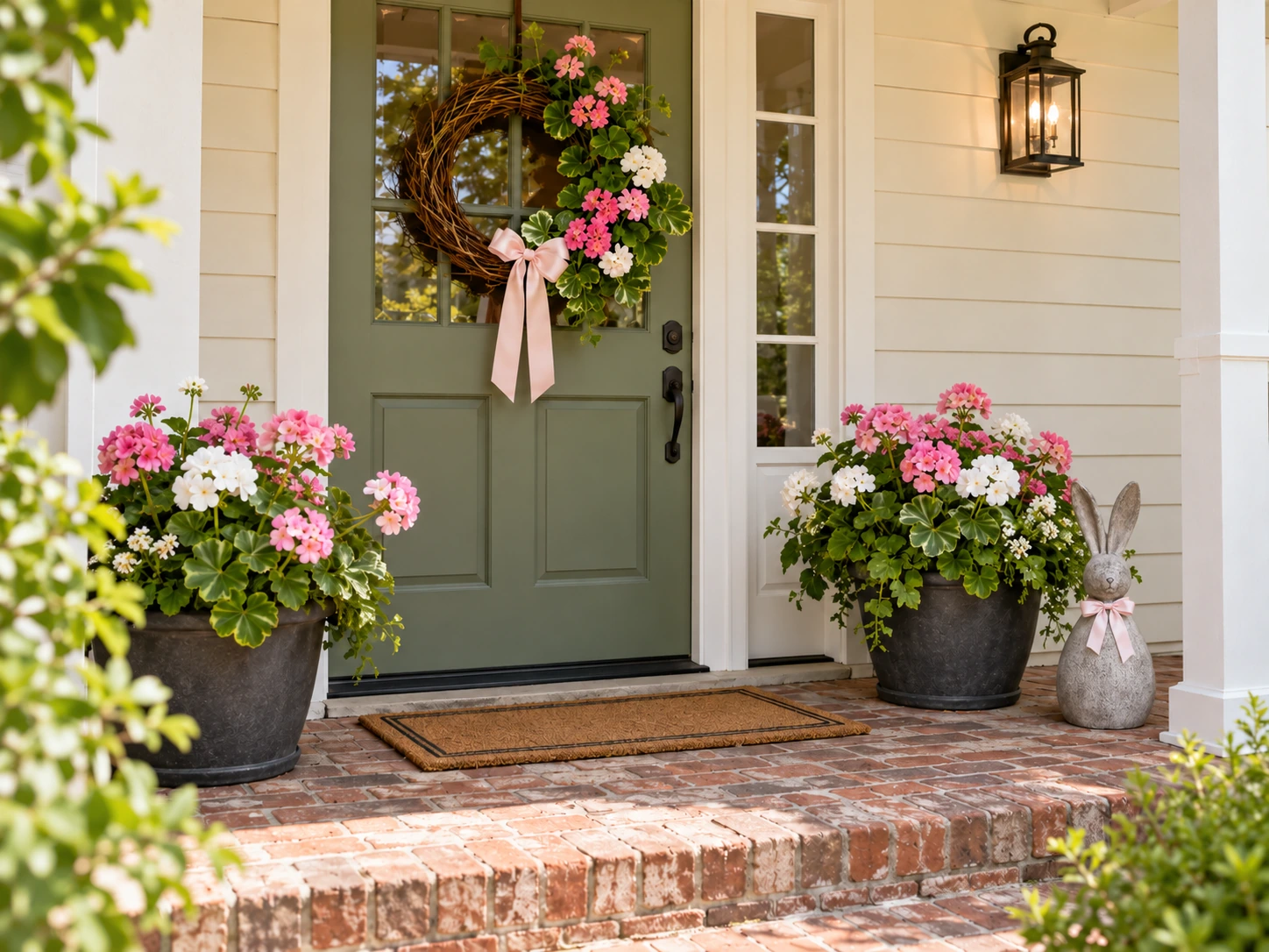 Easter porch with pink-and-white flowers, a grapevine wreath and a small gray rabbit.
