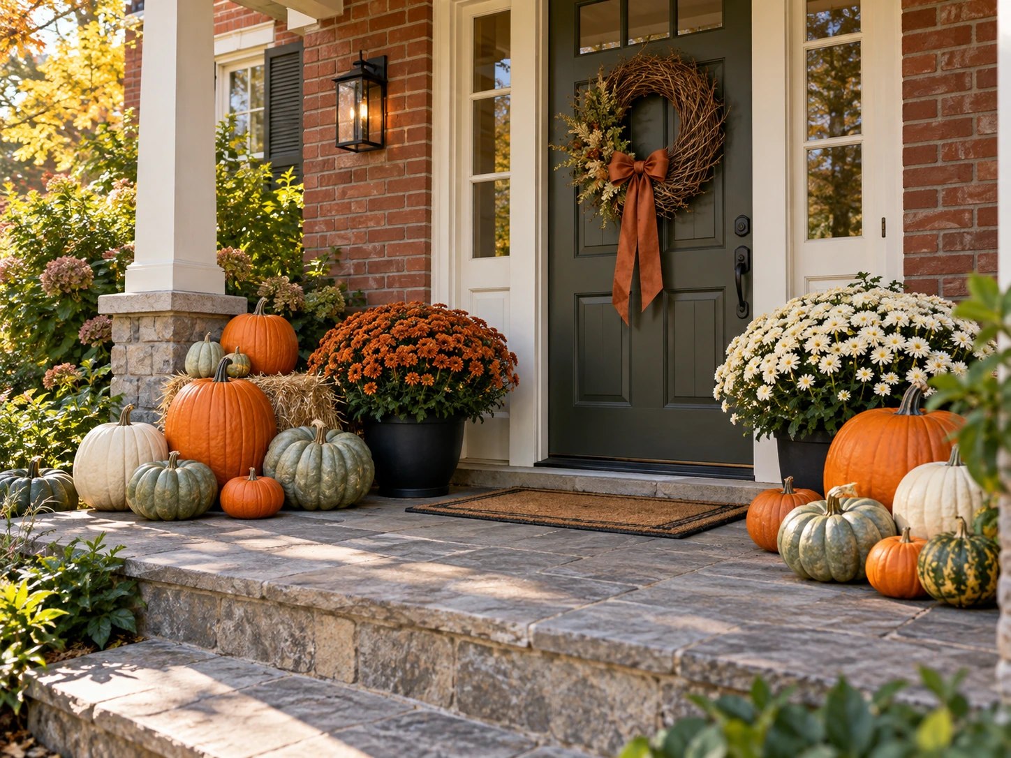 Fall porch with grouped pumpkins, flowering mums and a straw bale.