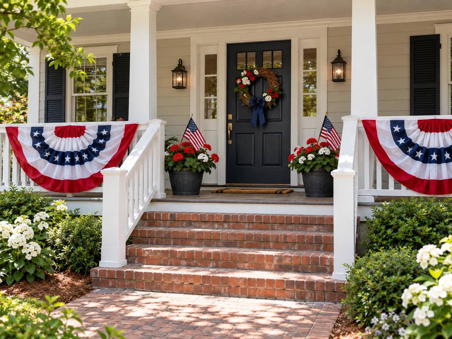 Fourth of July porch with patriotic bunting, American flags and red-and-white flowers.