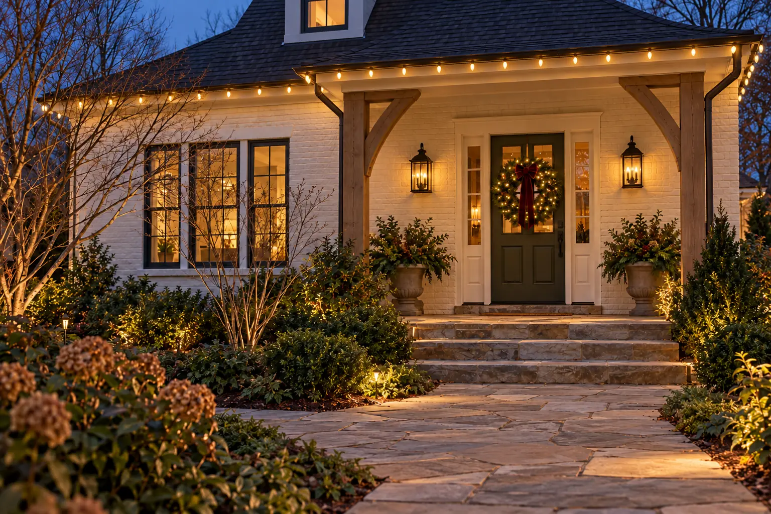 Warm-white Christmas lights along the cottage roofline.