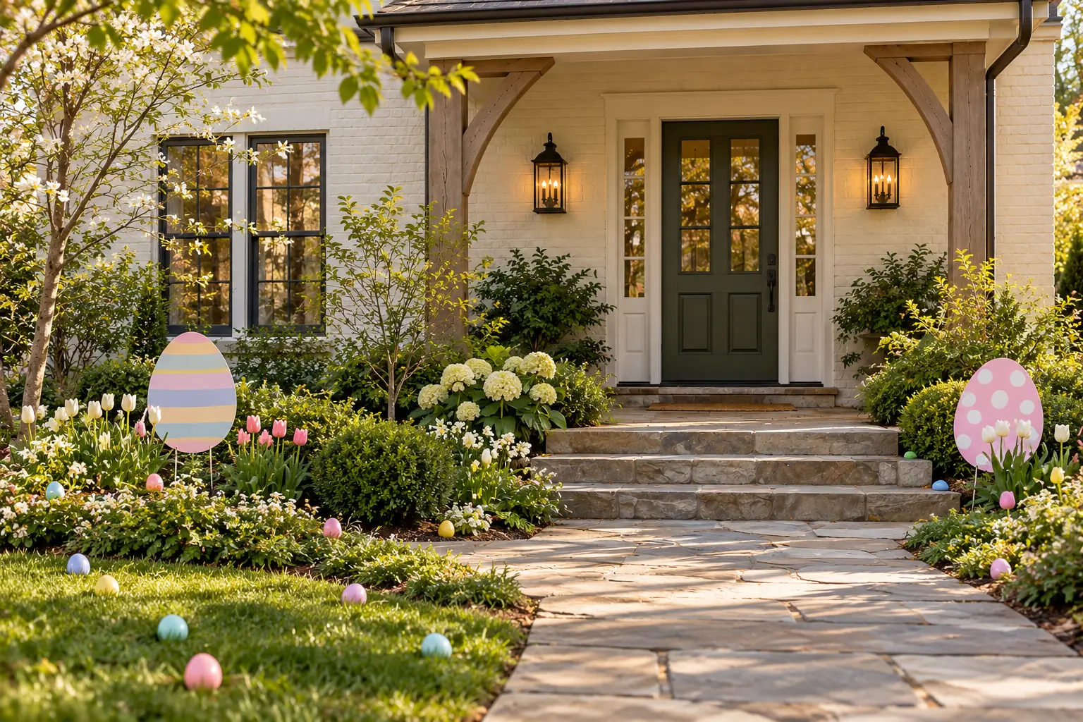 Pastel eggs and spring details around the cottage garden.
