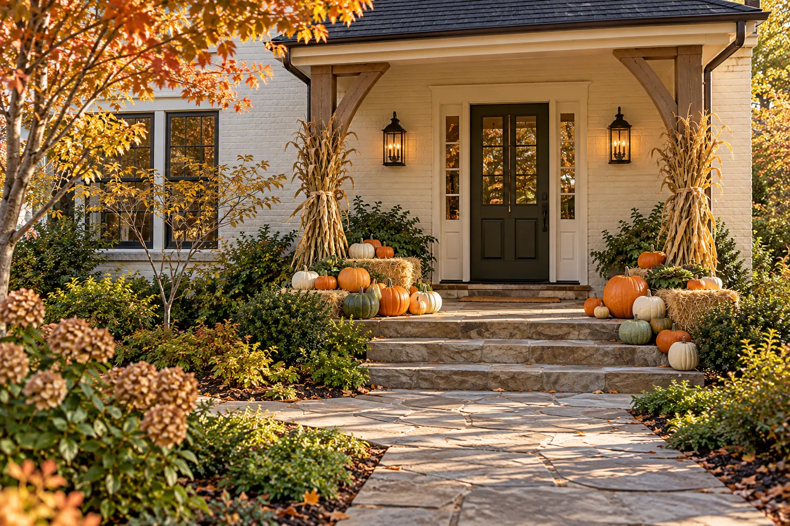 Mixed orange, cream and green pumpkins, straw bales and cornstalks beside a clear stone approach to a cottage.