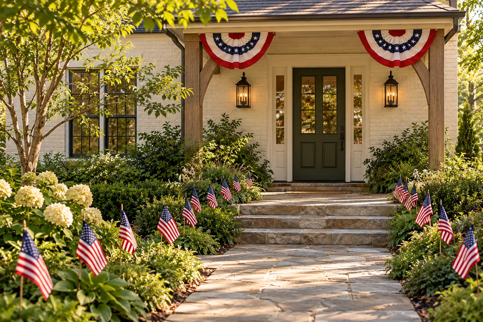 Flags and bunting dressing the cottage for the Fourth of July.
