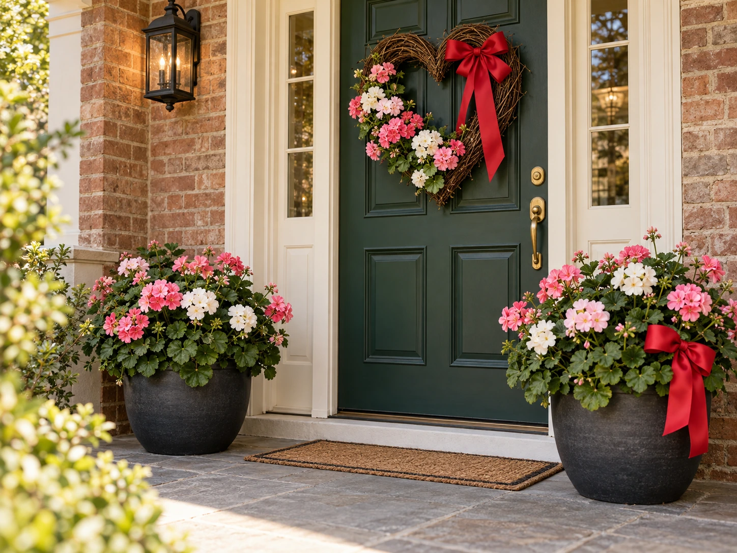 Valentine’s porch with a heart wreath, red ribbons and pink-and-white flowers.