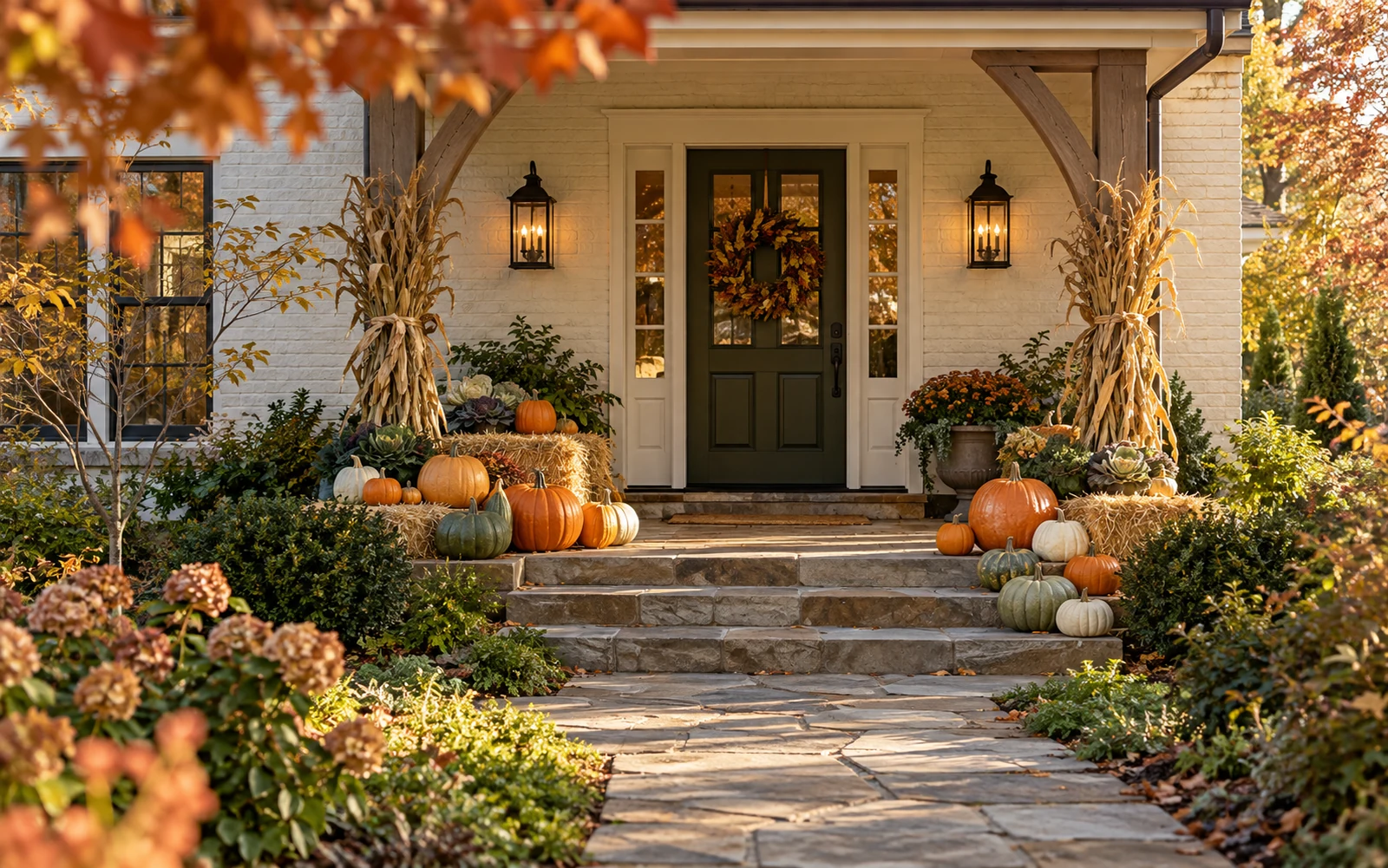 Pumpkins, straw bales and cornstalks arranged around a cottage entrance.