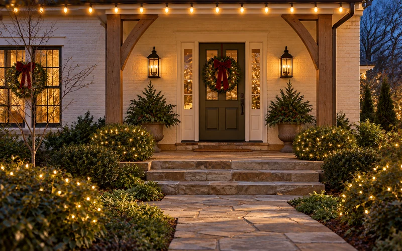 The entrance illuminated for Christmas, alongside the autumn view.