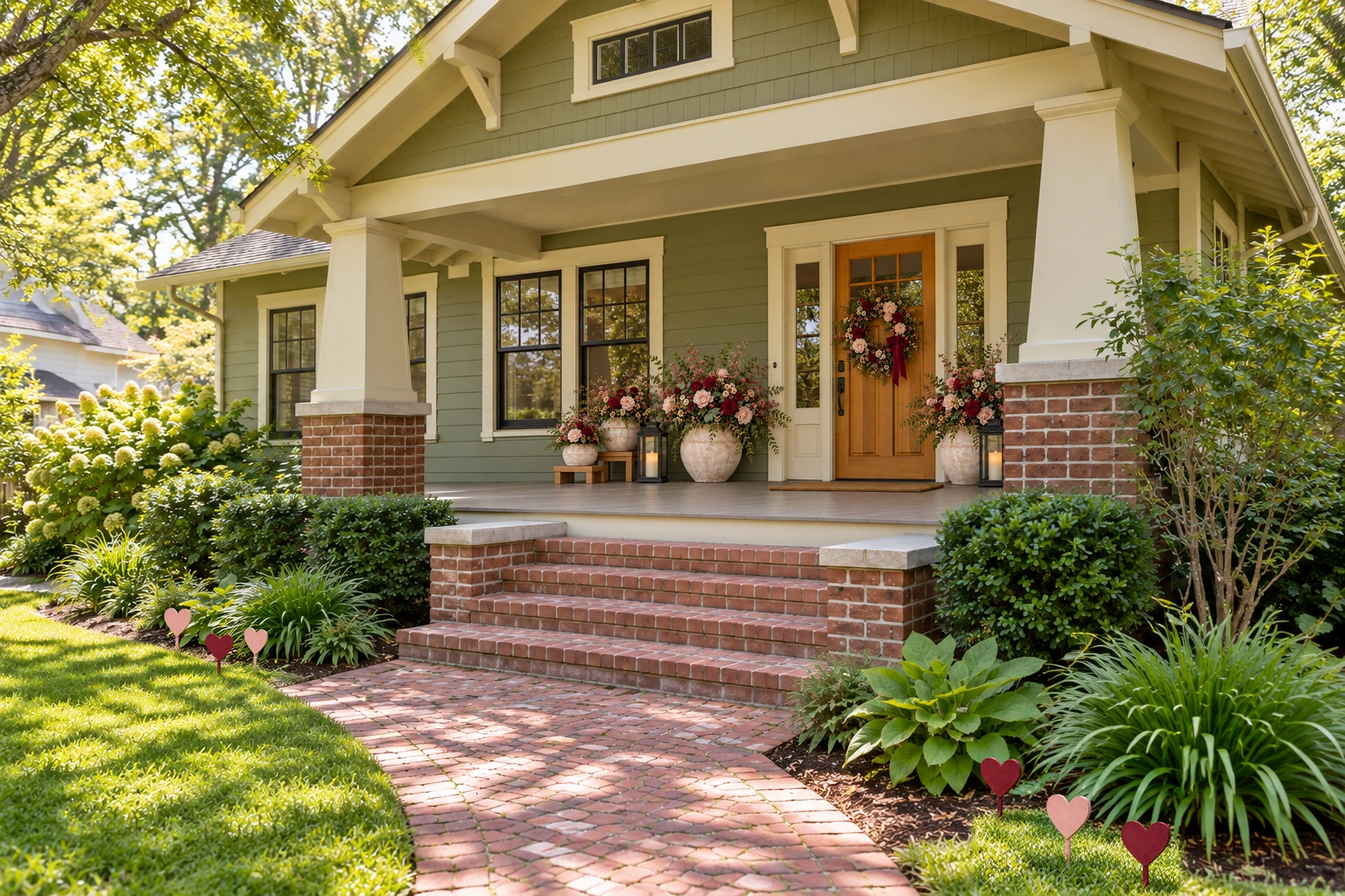 Valentine porch with blush and burgundy flowers, pale-stone pots and wooden hearts beside the path.