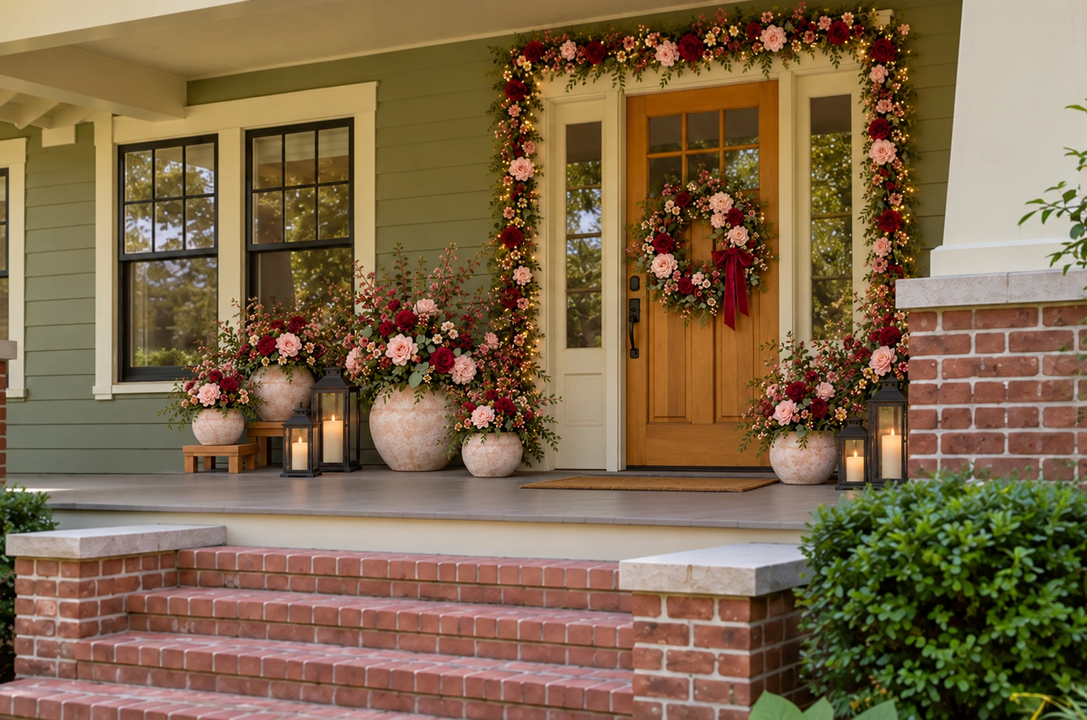 A Valentine porch framed with flowers, pale-stone pots and lanterns, with blush and berry wooden hearts beside the path.