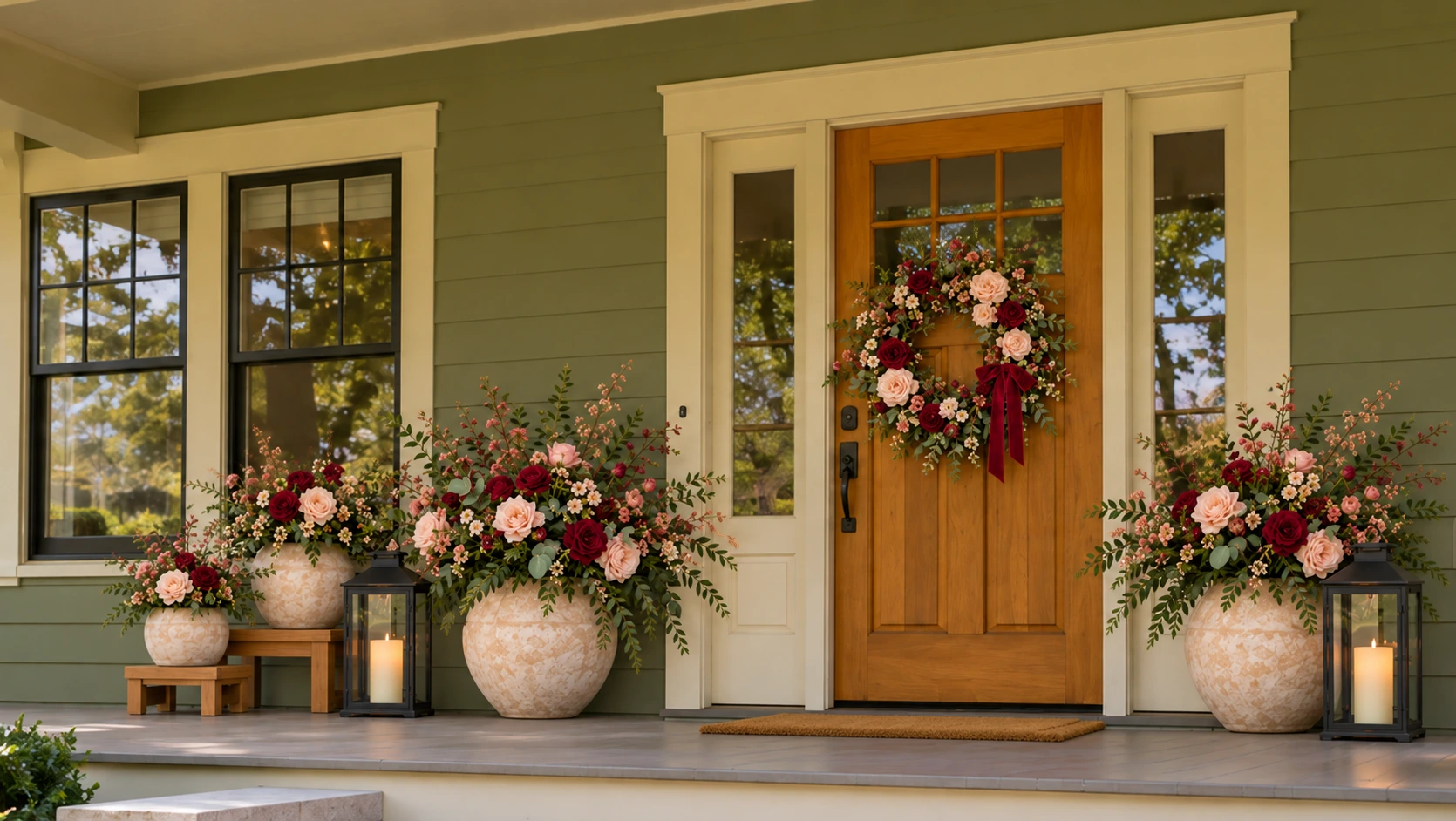 Valentine porch with blush and burgundy flowers, pale-stone pots and wooden hearts beside the path.